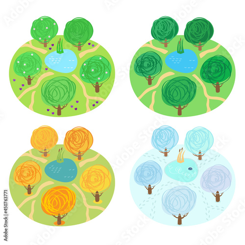 A glade with five trees around a pond with reedmace and with trails in four seasons, spring, summer, autumn and winter. Park with small lake in four seasons vector illustration