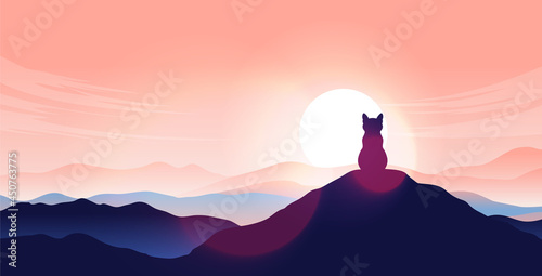 Cat on hilltop sitting alone watching the landscape and sunrise. Calm and peaceful concept. Vector illustration