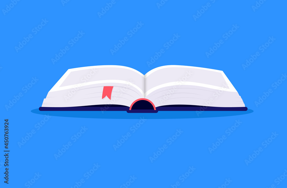 Open book vector illustration - Textbook lying in perspective. Flat design and blue background. Open book vector illustration - Textbook lying in perspective. Flat design and blue background.