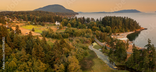 Tableau sur toile Aerial View of a Summer Sunset On an Island in the Salish Sea