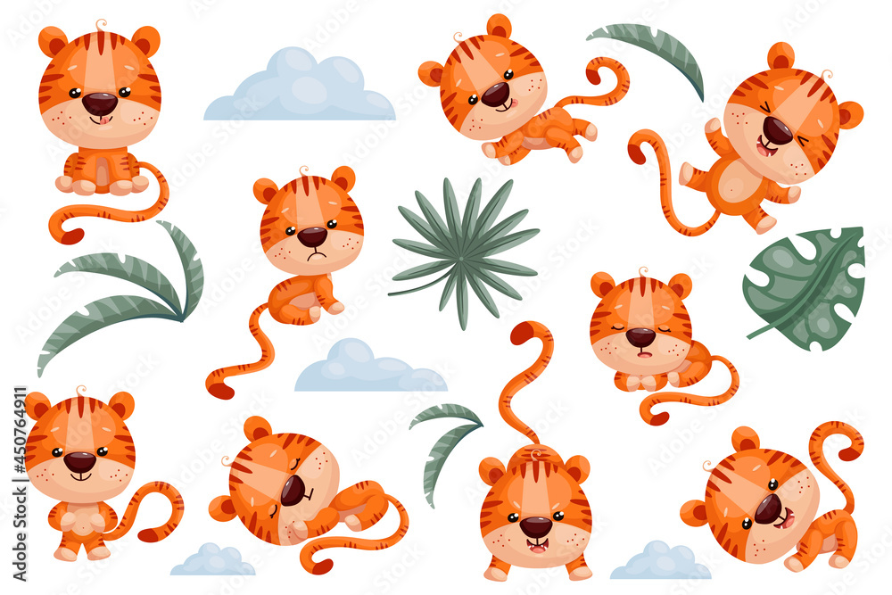 Obraz premium Set of cute cartoon tiger cubs symbol 2022 vector graphic