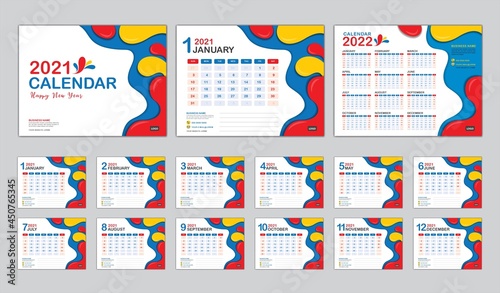 Desk calendar 2021 template vector, Calendar 2022 year, Set of 12 Months, Fluid colorful background, cover design, Wall calendar Trendy minimal, Calendar creative design, advertisement, printing photo