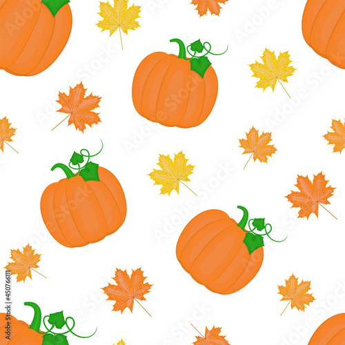 Pumpkin and autumn maple leaves vector seamless pattern