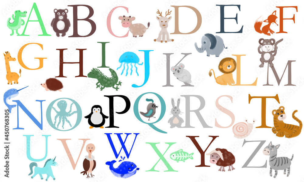 Alphabet with animals. Design for greeting cards, holidays, parties and invitations. Drawing for education. Decoration for the interior. A school poster.