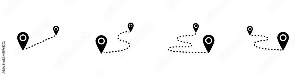 Conjunto de icono de ruta. Concepto de ubicación, punto de partida y llegada, destino. Mapa. Ilustración vectorial, estilo línea negro Conjunto de icono de ruta. Concepto de ubicación, punto de partida y llegada, destino. Mapa. Ilustración vectorial, estilo línea negro