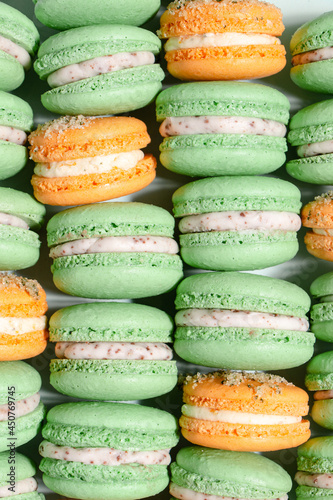 Homemade mint chocolate chip macarons with a mint buttercream filling