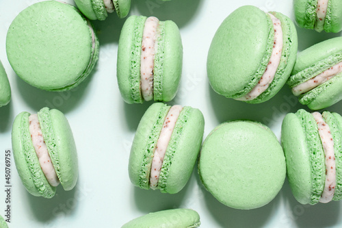 Homemade mint chocolate chip macarons with a mint buttercream filling