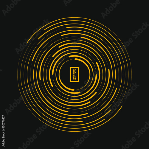 Yellow curved stripes in rounded form. Geometric art. Design element for border frame, round logo, blackout tattoo, sign, symbol, web pages, prints, template, pattern and abstract background