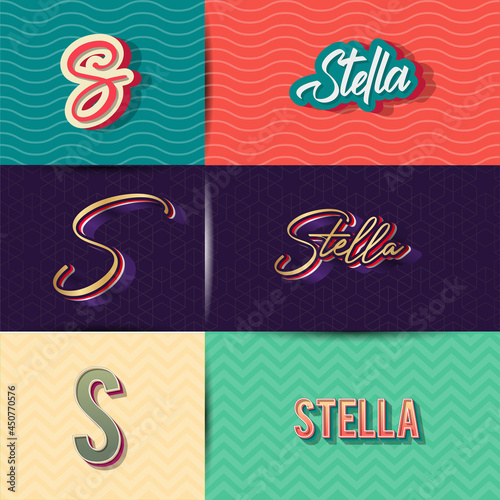 name Stella in various Retro graphic design elements, set of vector Retro Typography graphic design illustration