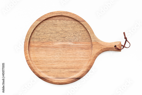 Empty wooden pizza platter set up on white background. Pizza board on white wooden background flat lay and copy space.