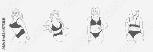 Set of posters with minimalistic female figures. Linear female plus size bodies in lingerie or swimsuit. Modern line art style. Vector illustration. 
