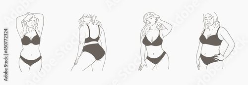 Fototapeta Naklejka Na Ścianę i Meble -  Set of posters with minimalistic female figures. Linear female plus size bodies in lingerie or swimsuit. Modern line art style. Vector illustration. 