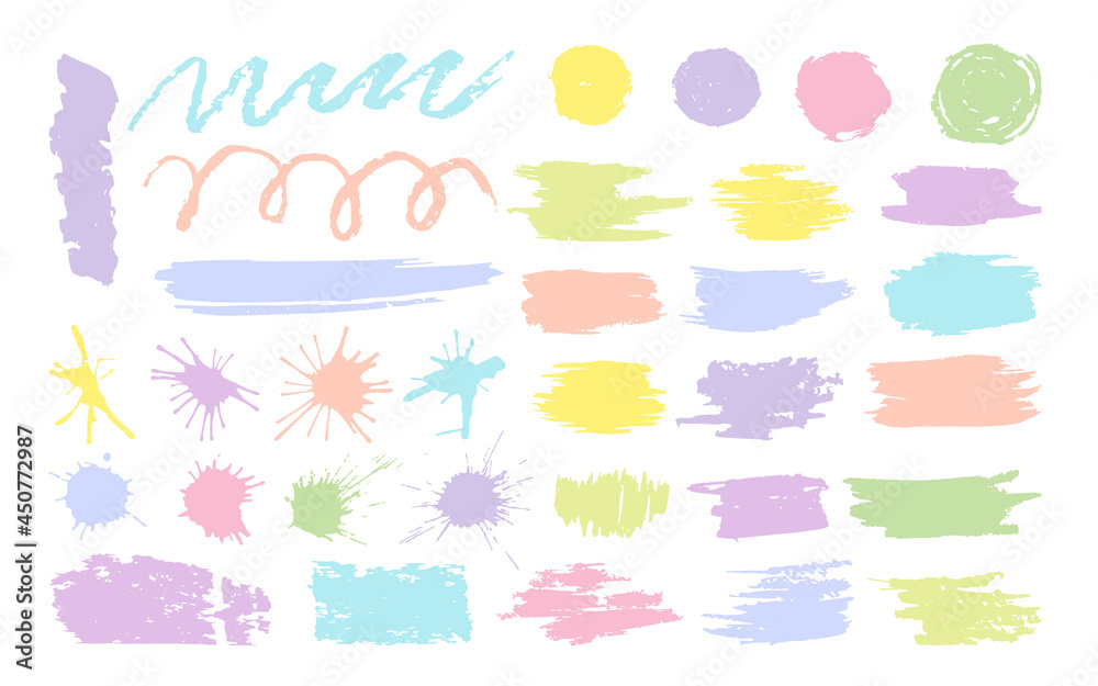 Brush stroke set, grunge spots, splashes with drops, curls, stripes, brush strokes, blots and smears soft pastel colors. Square, round, uneven abstract shapes, vector. Paintbrush design elements