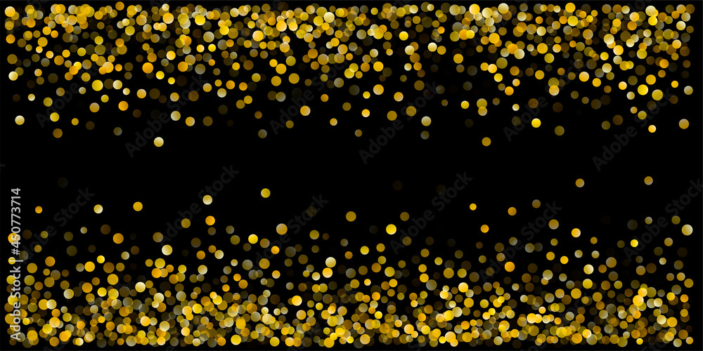 Gold glitter background, Christmas vector snow backdrop. falling and flying circle Golden confetti. Sparkle dots, round tinsel elements celebration backdrop graphic design