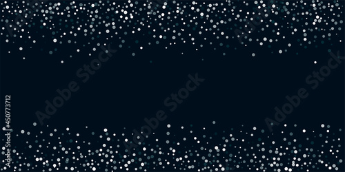 Christmas vector snow backdrop. Silver glitter background, falling and flying circle snowflakes confetti. Sparkle dots, round tinsel elements