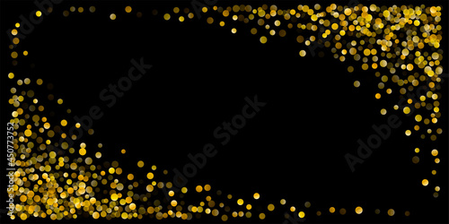 Gold glitter background, Christmas vector snow backdrop. falling and flying circle Golden confetti. Sparkle dots, round tinsel elements celebration backdrop graphic design