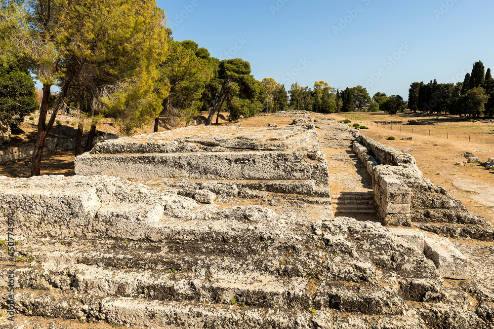 Sceneries of The Altar of Hieron II Ruins (Ara di Ierone II) in the Neapolis Archaeological Park in Syracuse, Italy.