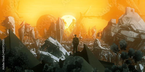 Futuristic science fiction illustration. Digital art. Fantasy scenery. Bright evening light.