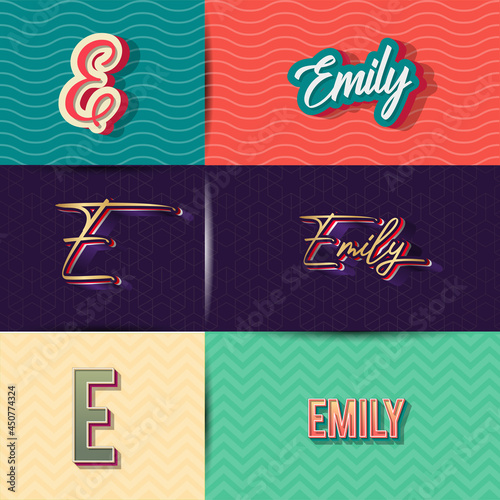 name emily in various Retro graphic design elements, set of vector Retro Typography graphic design illustration