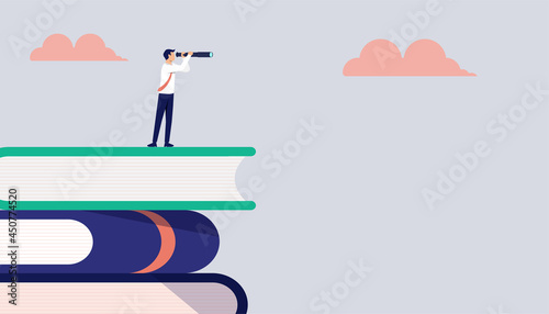 Businessman stand on the books and holding telescope illustration. Knowledge and vision for success concept.