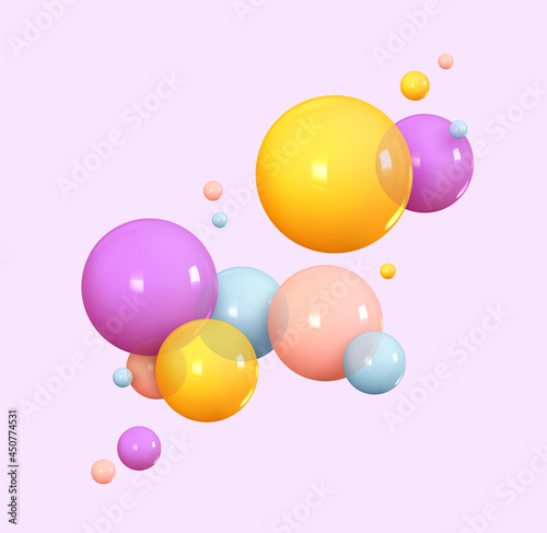 Background with realistic balls, transparent glossy bubbles. Abstract minimal design. Vector illustration