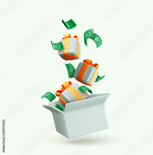 Gifts falling in open box, green dollar paper money. Realistic 3d cartoon design of blue gifts surprise. Vector illustration