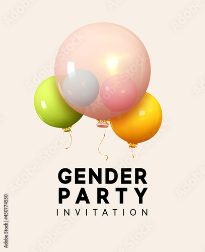 Gender party. Realistic helium balloons, large transparent inside, two small pink and blue colors. Banner and poster, background with ballons on the ribbon. Vector illustration