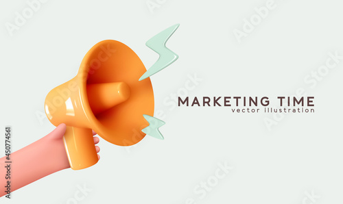 Hand hold megaphone. Marketing time concept, realistic 3d megaphone, loudspeaker with lightning. Symbols Speaker, Social media, Advertising and promotion. Vector illustration