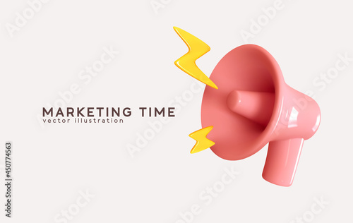 Marketing time concept, realistic 3d megaphone, loudspeaker with lightning. Vector illustration photo