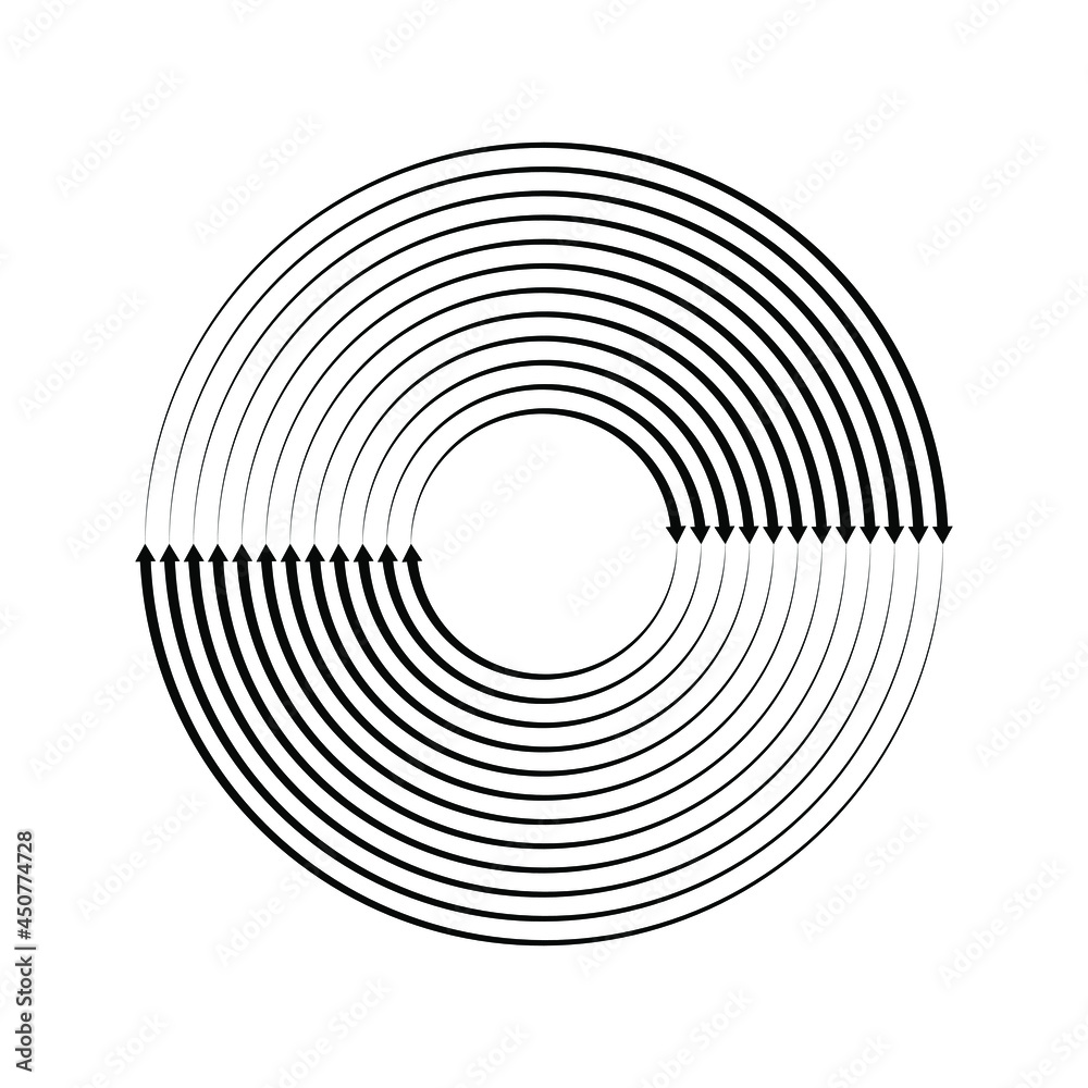 Black speed lines with arrow heads. Geometric art. Design element for border frame, round logo, blackout tattoo, sign, symbol, web pages, prints, template, pattern and abstract background