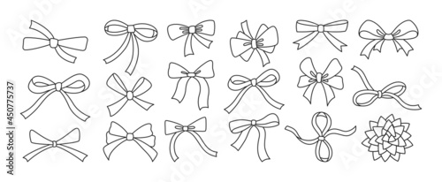 Bow ribbon surprise line set. Festive decoration, packaging, invitation elements for sale shopping Birthday Party, Valentine Day or Wedding design. Holiday anniversary gift anniversary symbol