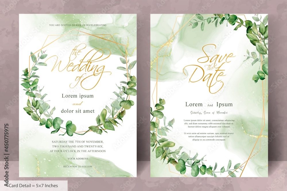 Greenery wedding invitation template with geometric and hand drawn eucalyptus