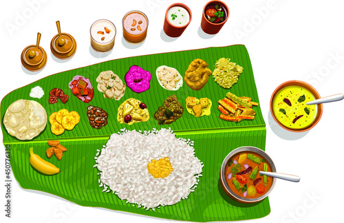 Vector illustration of  Sadhya, south indian vegeterian meal arranged in traditional way.