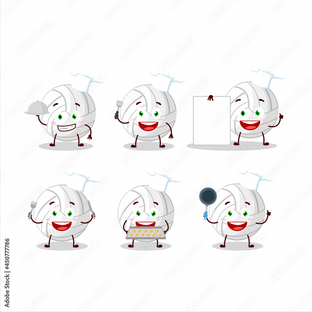 Cartoon character of white volleyball with various chef emoticons