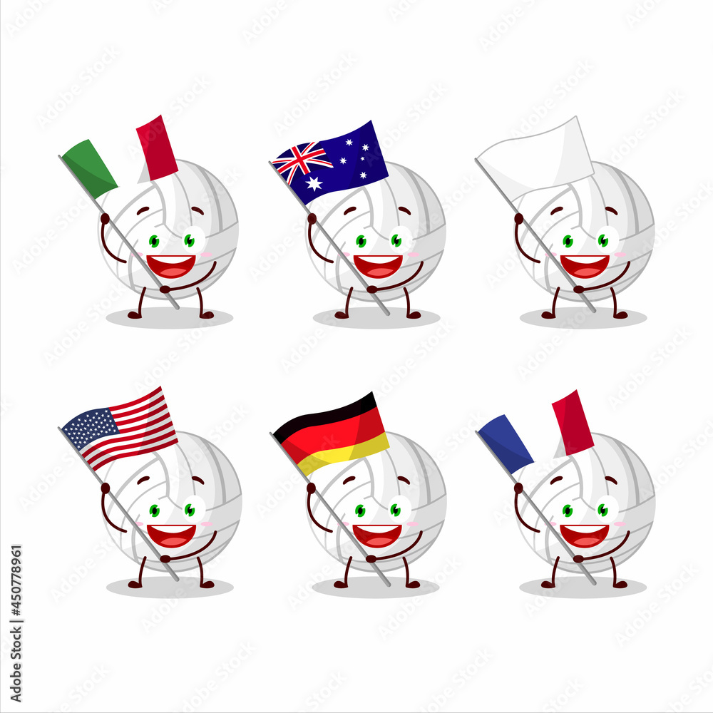 White volleyball cartoon character bring the flags of various countries White volleyball cartoon character bring the flags of various countries