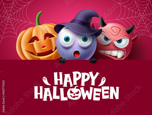 Halloween characters background design. Happy halloween text in red space with creepy, spooky and scary characters for horror party decoration. Vector illustration.
