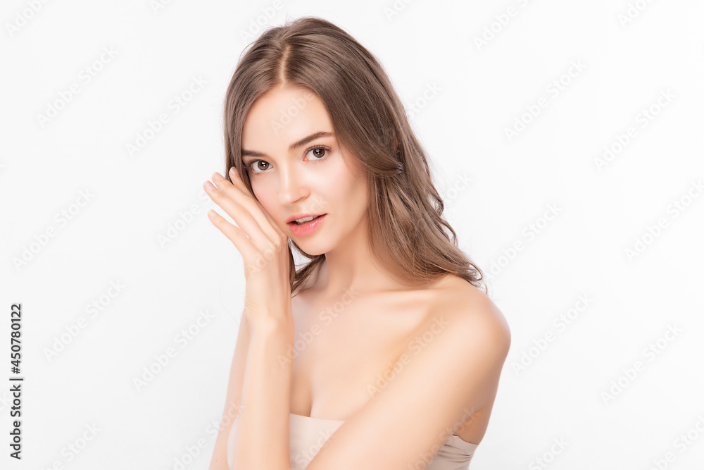 Beautiful young woman with clean fresh skin on white background, Face care, Facial treatment, Cosmetology, beauty and spa, women portrait. Beautiful young woman with clean fresh skin on white background, Face care, Facial treatment, Cosmetology, beauty and spa, women portrait.