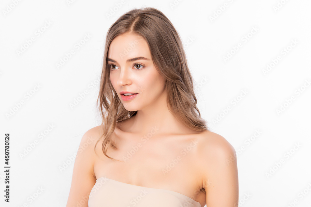 Beautiful young woman with clean fresh skin on white background, Face care, Facial treatment, Cosmetology, beauty and spa, women portrait. Beautiful young woman with clean fresh skin on white background, Face care, Facial treatment, Cosmetology, beauty and spa, women portrait.