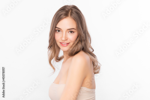 Beautiful young woman with clean fresh skin on white background, Face care, Facial treatment, Cosmetology, beauty and spa, women portrait.