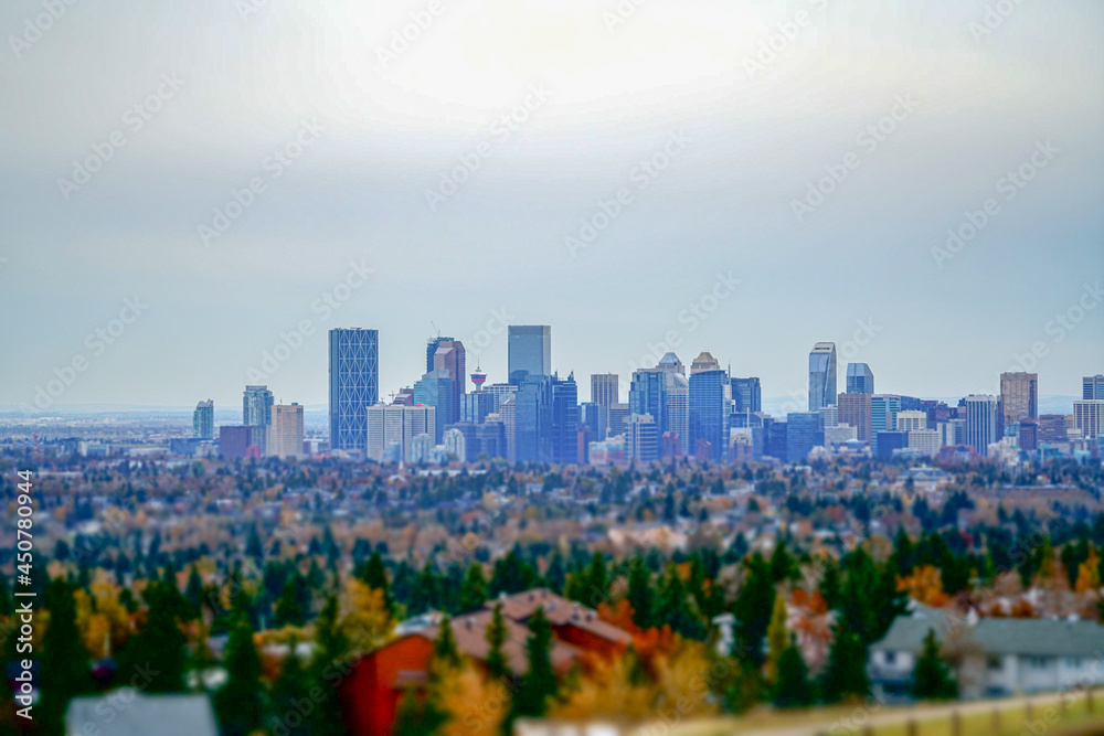 Downtown Calgary skyline in fall - Tilt shift Concept