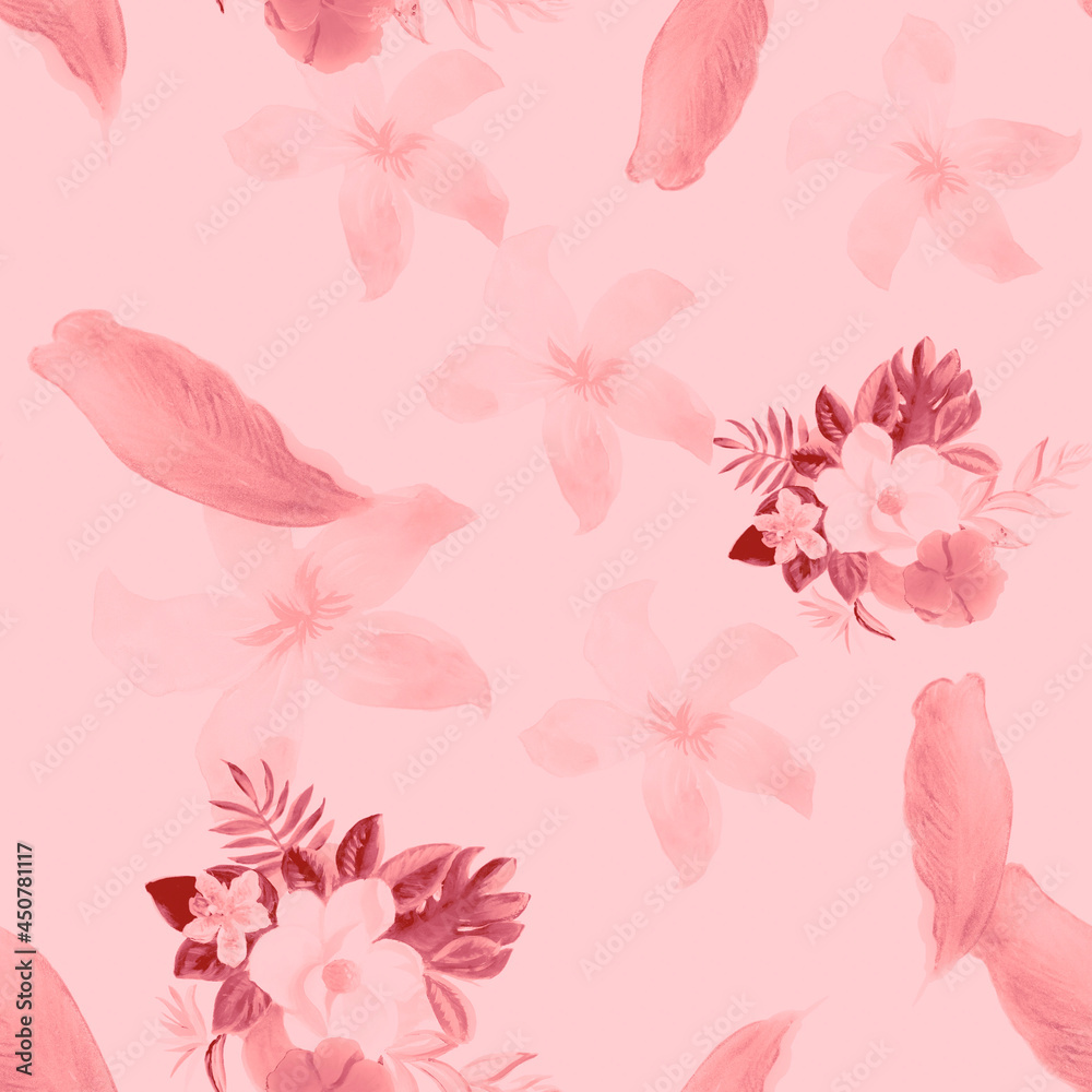 Coral Seamless Background. Pink Pattern Botanical. White Tropical Hibiscus. Gray Flower Palm. Flora Leaf. Watercolor Vintage. Floral Painting. Summer Vintage.