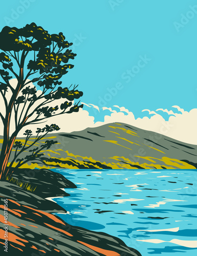 Art Deco or WPA poster of Inveruglas Isle located in Loch Lomond and the Trossachs National Park, Scotland, United Kingdom done in works project administration style. photo