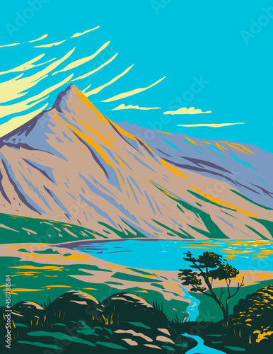 Art Deco or WPA poster of Mount Snowdon with Lake Glaslyn located in Snowdonia National Park in northwestern Wales, United Kingdom done in works project administration style. photo