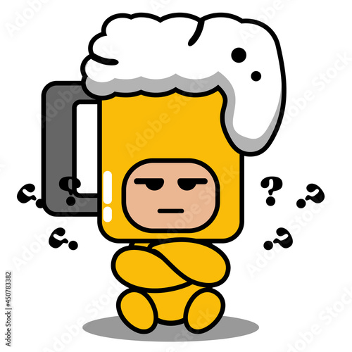 cute beer glass doodle costume mascot vector cartoon character sitting with confused expression