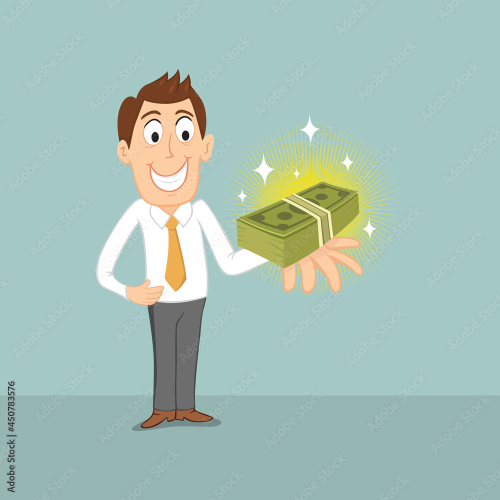 Happy man holding a large sum of bank notes payments,Financial banking, Vector illustration Happy man holding a large sum of bank notes payments,Financial banking, Vector illustration