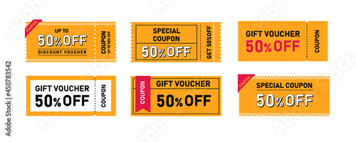 Vector gift voucher illustrations. Modern discount coupon. COUPON GIFT VOUCHER VECTOR YELLOW TICKET 50% photo