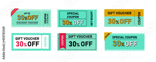 Vector gift voucher illustrations. Modern discount coupon. COUPON GIFT VOUCHER VECTOR BLUE TICKET 30%