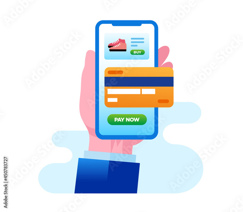 Online payment for shopping, credit card concept, flat vector illustration for banner and landing page	