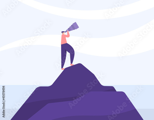 illustration of a worker or businessman standing on top of a mountain and using a telescope to see opportunities. visionary concept, opportunities for success, vision and future plans. flat cartoon