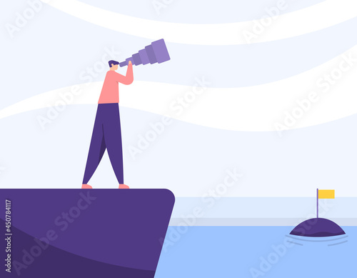 illustration of a worker or businessman standing on a cliff and using a telescope to see a business target. visionary concept, opportunities for success, vision and future plans. flat cartoon style